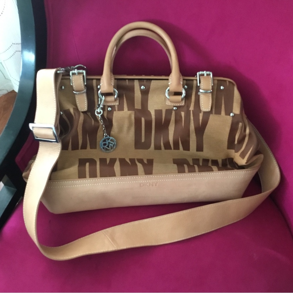 DKNY Tan Logo Canvas Satchel with Leather Trim